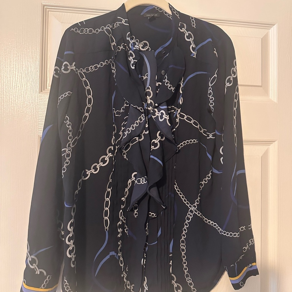 Ann Taylor Black and Blue Ruffled Long Sleeve Blouse